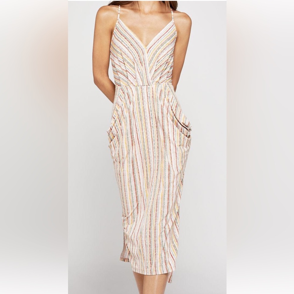 BCBGeneration sleeveless draped jersey dress w/pockets, elastic waist,side slits